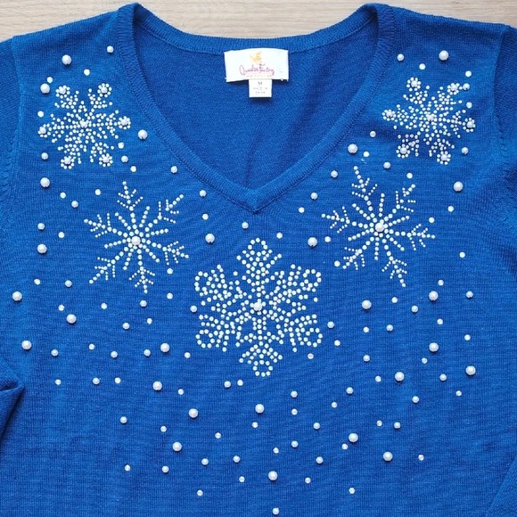 Vtg Quacker Factory Beaded Snowflake Sweater - Blue White Holiday Christmas M - Picture 2 of 8